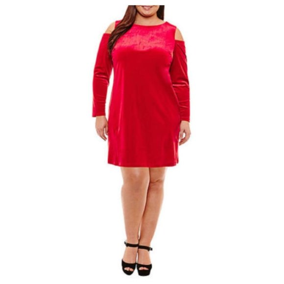 Size 0X 14/16 RED VELVET COLD SHOULDER DRESS Special Occasion Holiday Party PLUS - Picture 1 of 3